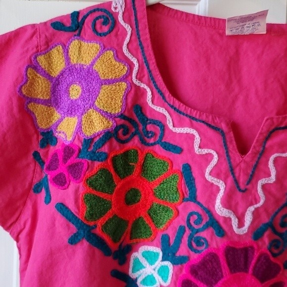 VINTAGE Hot Pink Chainstitch Embroidered Floral Clap Sleeve Shirt Large - Picture 5 of 9